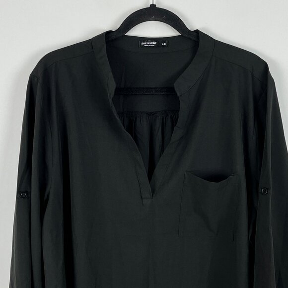 Shein Curve Top Blouse Size 4XL Black 3/4 Sleeve V Neck Band Collar Pocket - Picture 2 of 9